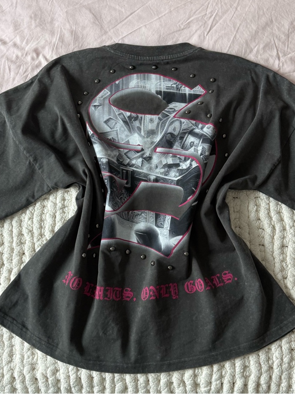 Studded Black Graphic Tee with Pink Accents